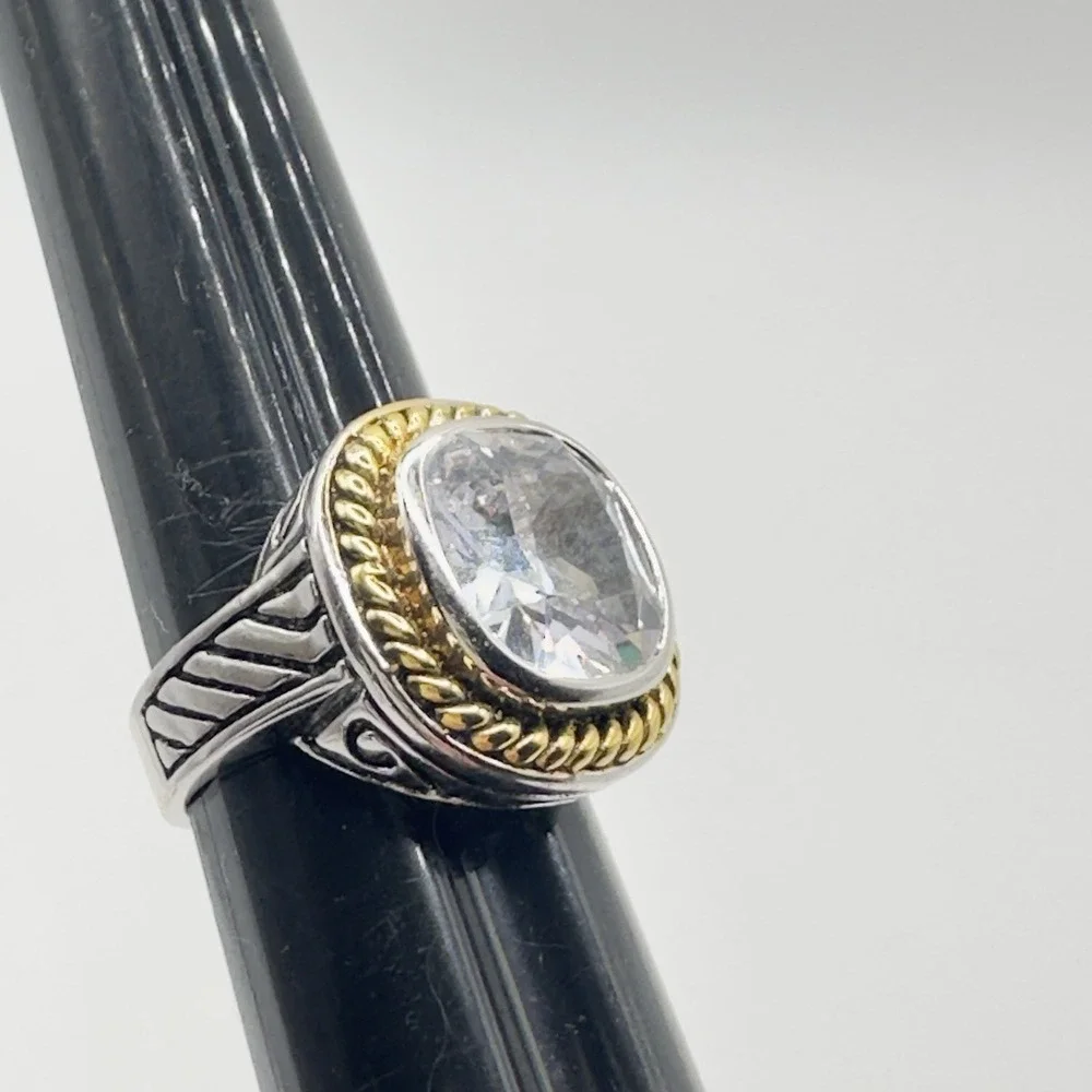 Designer Inspired Statement Ring Large CZ Silver Tone Gold Tone Rope Accent 7.25